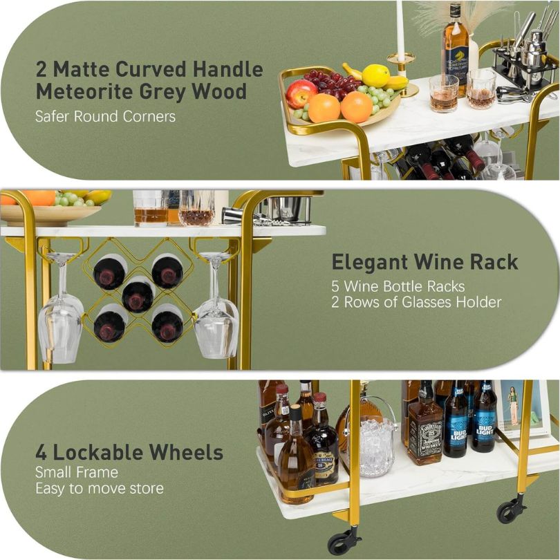 Modern 2-Tiers White and Gold Bar Cart with Glass Holders & Wine Racks