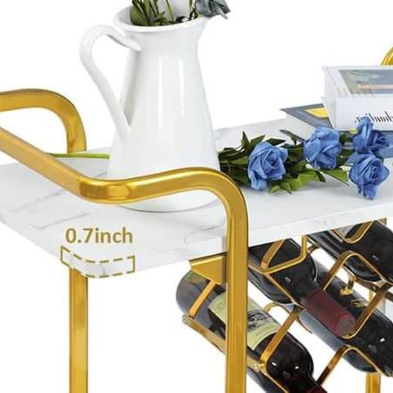 Modern 2-Tiers White and Gold Bar Cart with Glass Holders & Wine Racks