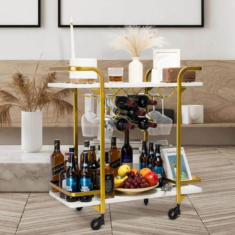 Modern 2-Tiers White and Gold Bar Cart with Glass Holders & Wine Racks