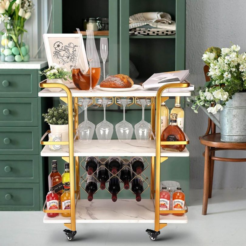 Modern 3-Tiers Gold Bar Cart with Glass & Wine Holders