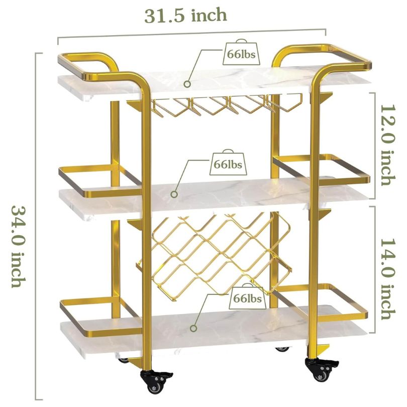 Modern 3-Tiers Gold Bar Cart with Glass & Wine Holders