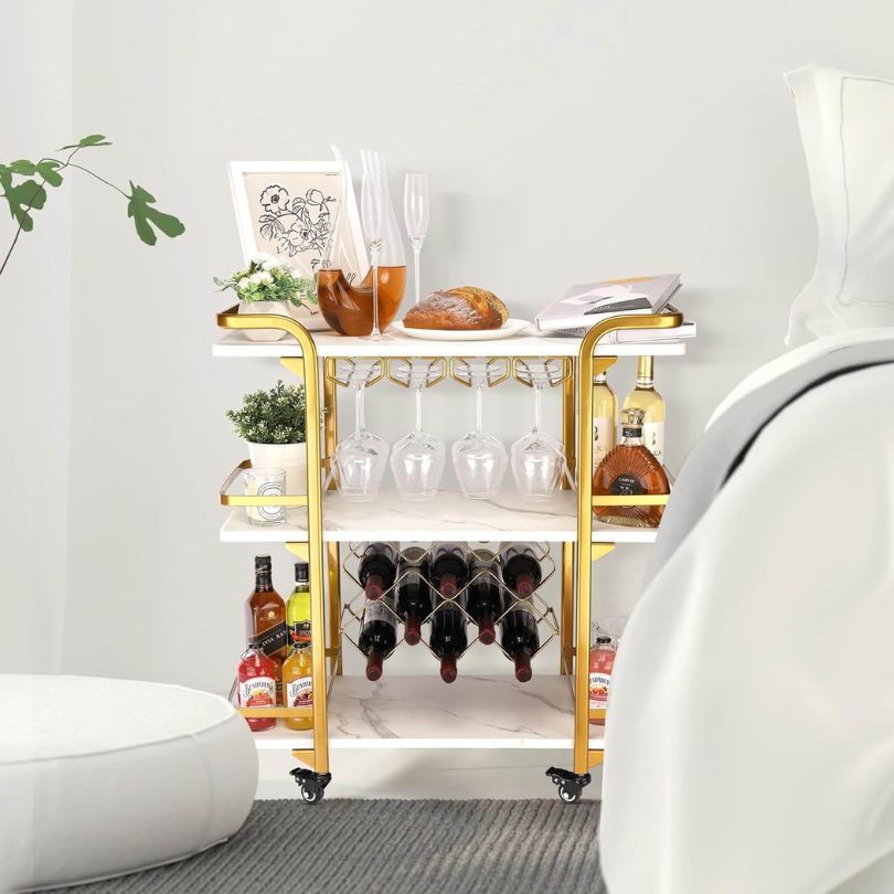 Modern 3-Tiers Gold Bar Cart with Glass & Wine Holders