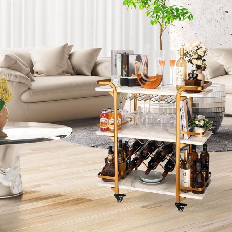 Modern 3-Tiers Gold Bar Cart with Glass & Wine Holders