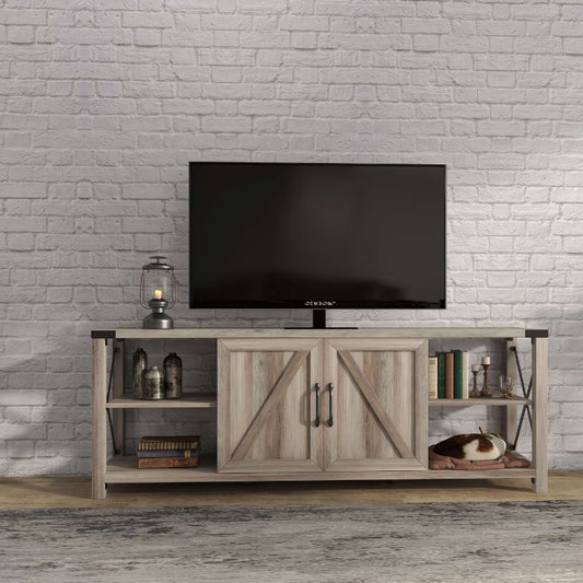 Modern 68" Grey Walnut TV Stand Wood Metal Console with Storage Cabinet