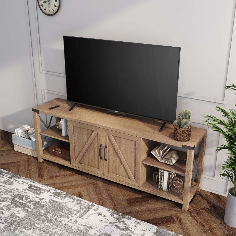 Modern 68" Light Oak Farmhouse Console Cabinet with 2 Doors and Open Shelves