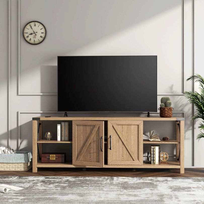 Modern 68" Light Oak Farmhouse Console Cabinet with 2 Doors and Open Shelves