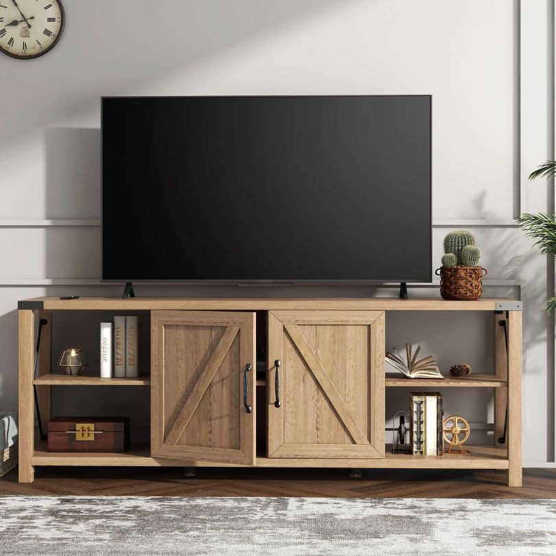 Modern 68" Light Oak Farmhouse Console Cabinet with 2 Doors and Open Shelves