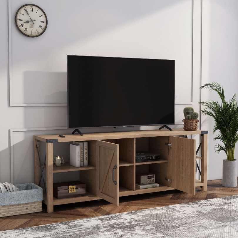 Opened light oak console cabinet