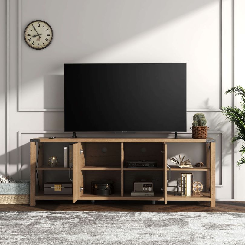 Modern 68" Light Oak Farmhouse Console Cabinet with 2 Doors and Open Shelves