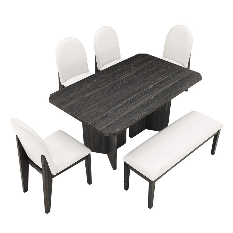 Modern 6 Piece Dinner Set - 60" Dining Table with 4 Chairs and Bench