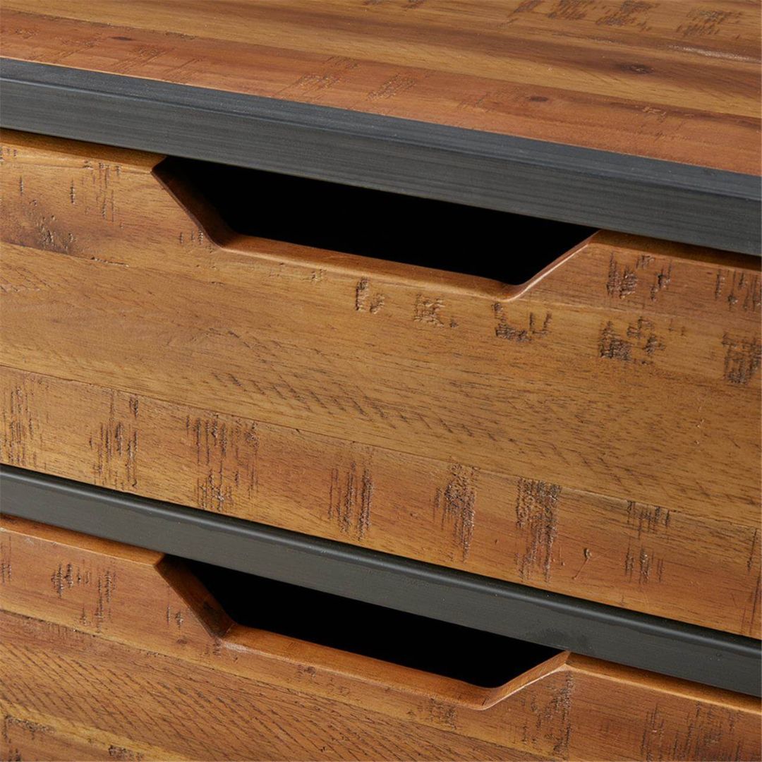 Close view of the gun metal finishing, and Acacia wood of the 2-drawer Accent Chest