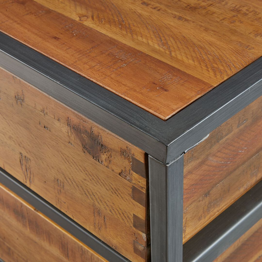 clean lines of the gun metal finishing of the Modern Acacia wood 2-drawer Accent Chest