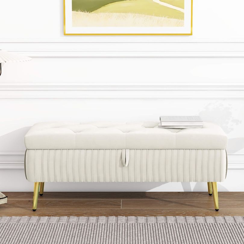 Modern Beige Entryway Button-Tufted Storage Ottoman