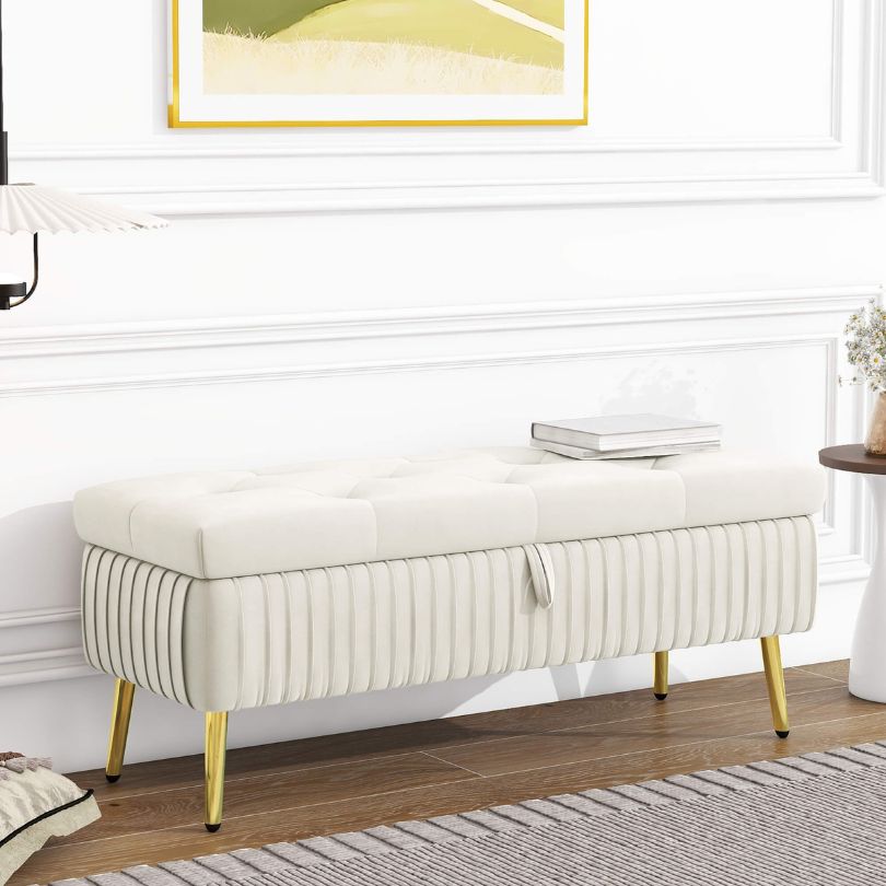 Modern Beige Entryway Button-Tufted Storage Ottoman