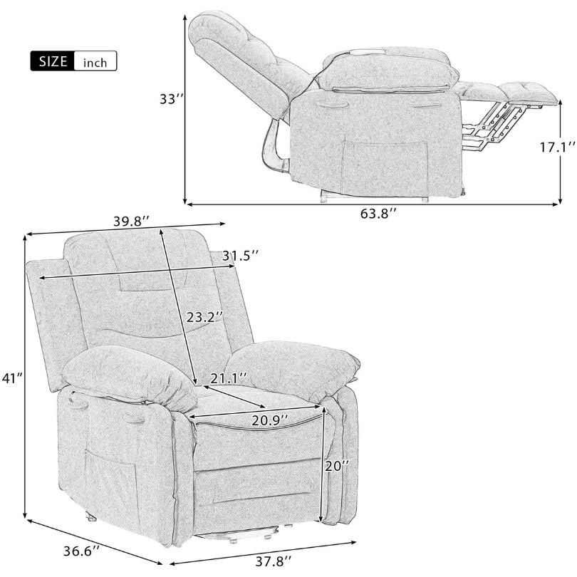 A dimension image of the Modern Beige Massage lift Recliner Chair