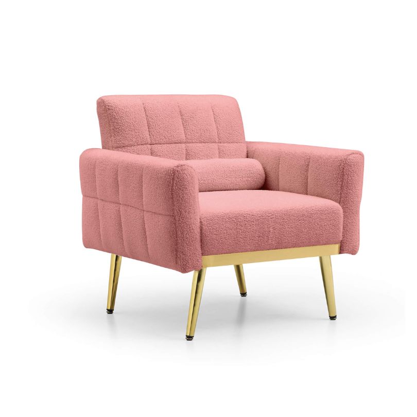 Pink tufted accent chair in a white background 