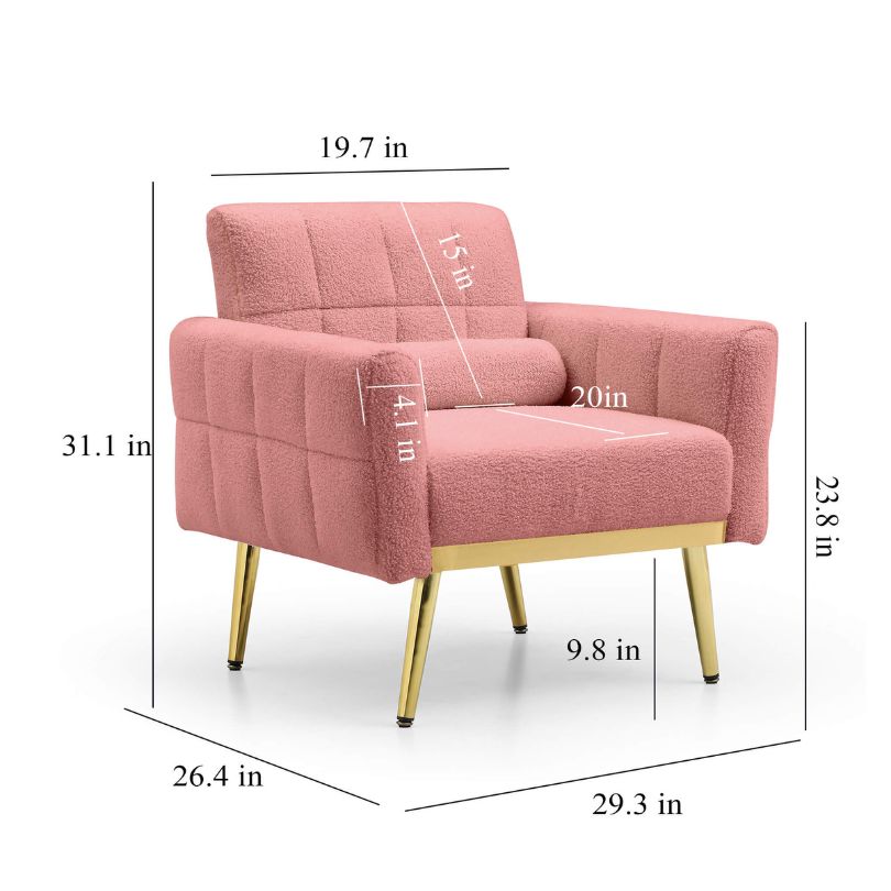 A dimension image of our Modern Biscuit Teddy-tufted Armchair with Waist Pillow and Gold Metal Legs