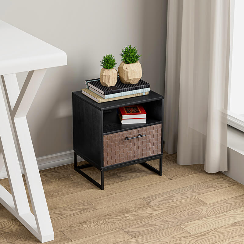 Modern Black Brown 1-door nightstand wood and metal bedside table with socket - 18.78" x 15.59"