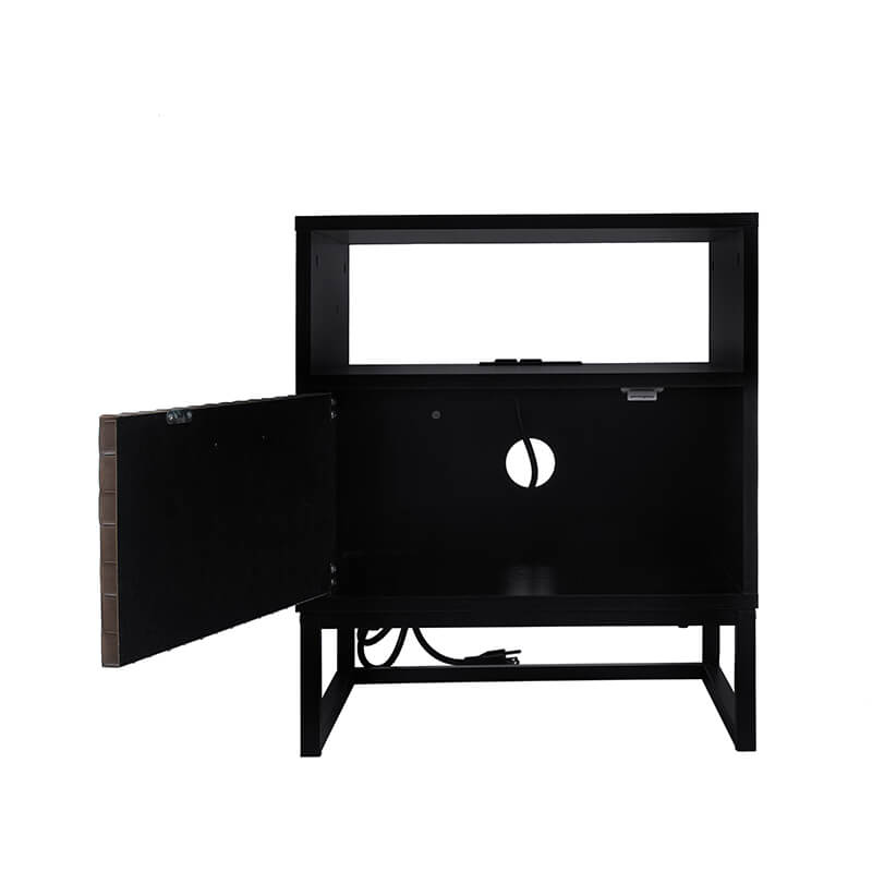 Modern Black Brown 1-door nightstand wood and metal bedside table with socket - 18.78" x 15.59"