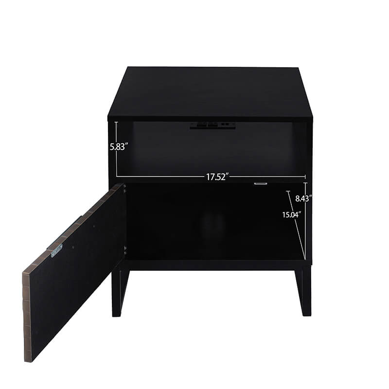 A dimension Image of our Modern Black Brown 1-door nightstand wood and metal bedside table with socket - 18.78" x 15.59"