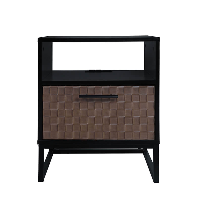 Modern Black Brown 1-door nightstand wood and metal bedside table with socket - 18.78" x 15.59"