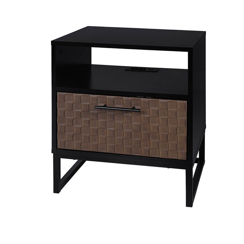 Modern Black Brown 1-door nightstand wood and metal bedside table with socket - 18.78" x 15.59"