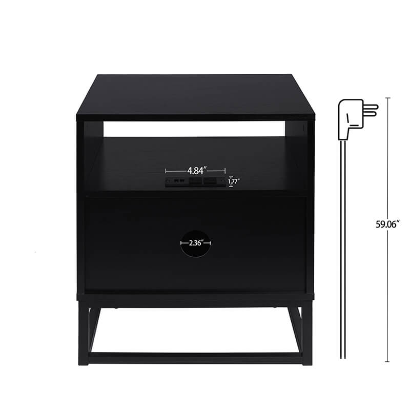 A dimension Image of our Modern Black Brown 1-door nightstand wood and metal bedside table with socket - 18.78" x 15.59" 