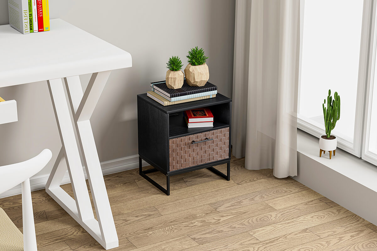 Modern Black Brown 1-door nightstand wood and metal bedside table with socket - 18.78" x 15.59"