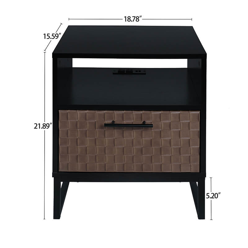 A dimension Image of our Modern Black Brown 1-door nightstand wood and metal bedside table with socket - 18.78" x 15.59"