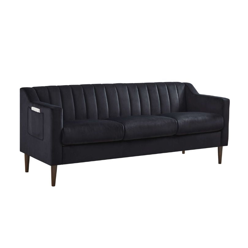 Modern Black Chesterfield 3-seater Velvet Fabric Sofa with Side Pocket and Brown Wooden Legs