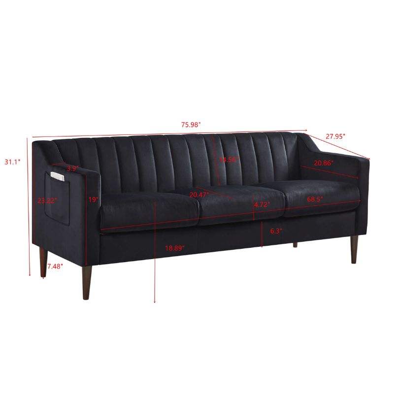 A dimension image of our Modern Black Chesterfield 3-seater Velvet Fabric Sofa with Side Pocket and Brown Wooden Legs