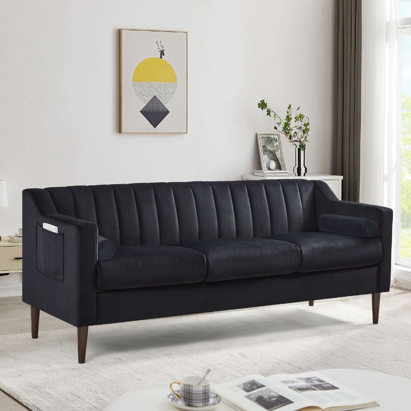 Modern Black Chesterfield 3-seater Velvet Fabric Sofa with Side Pocket and Brown Wooden Legs