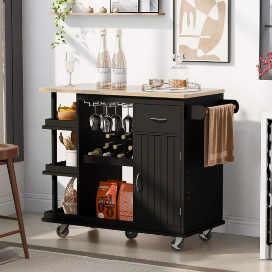 Modern Black Kitchen Cart Cabinet with Side Storage Shelves