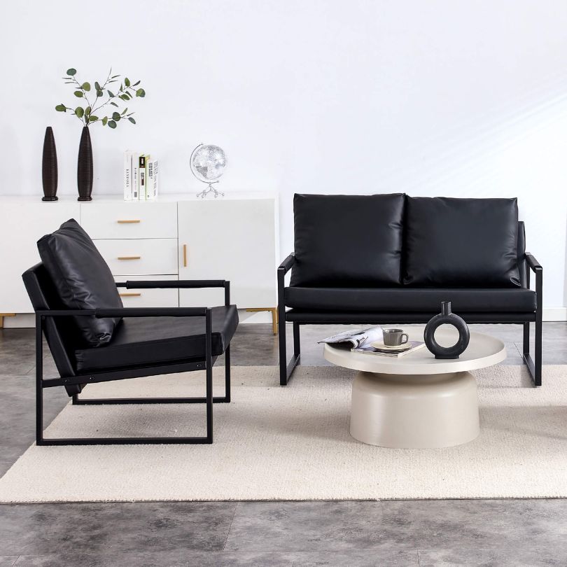 Modern Black PU-Leather Metal Frame Two-seater Sofa