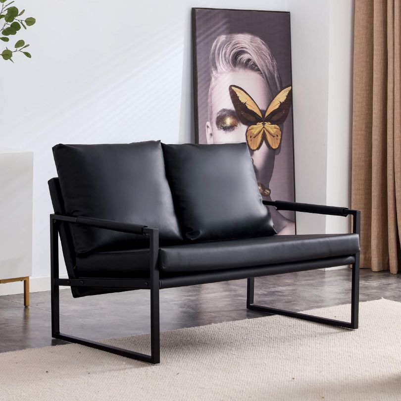 Modern Black PU-Leather Metal Frame Two-seater Sofa