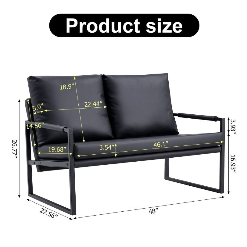 A dimension Image of Modern Black PU-Leather Metal Frame Two-seater Sofa