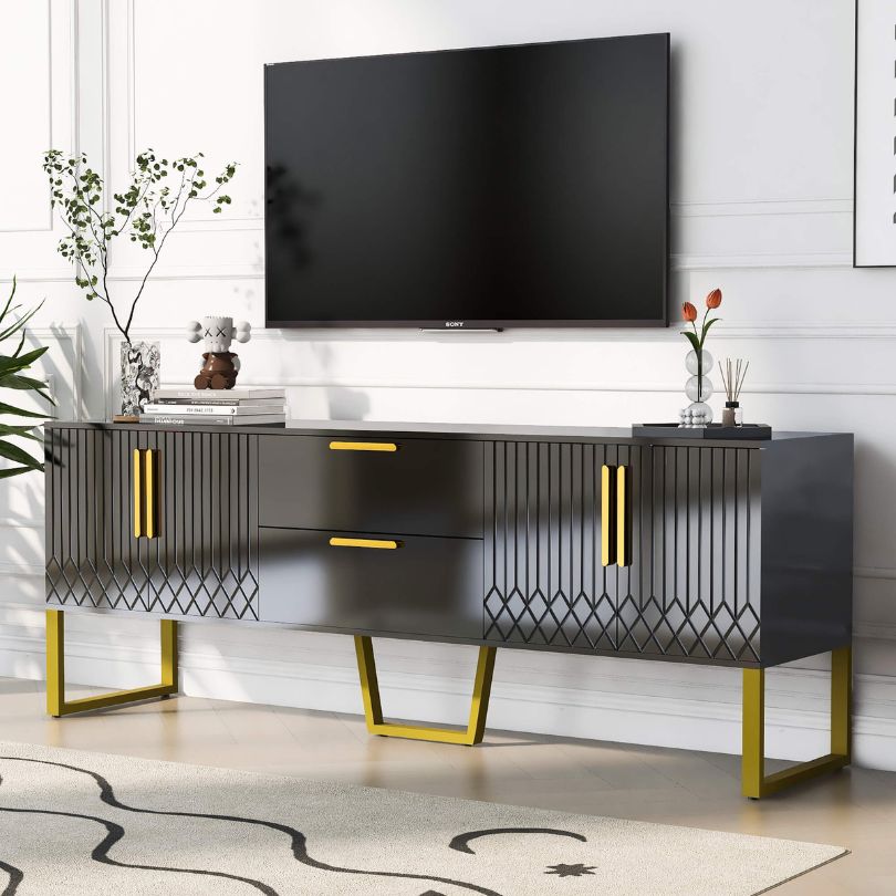 Modern Black Wood TV Stand with 2 Drawers