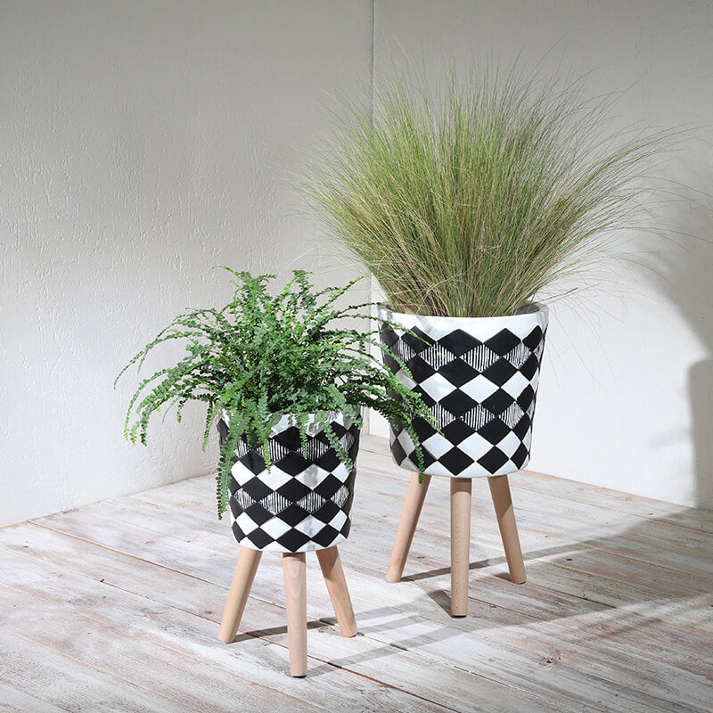 Modern Black and White Polyresin 2-Set Diamond Plant Stand with Brown Wooden Legs - 10/12"