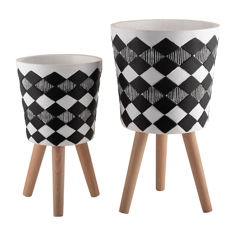 Modern Black and White Polyresin 2-Set Diamond Plant Stand with Brown Wooden Legs - 10/12"