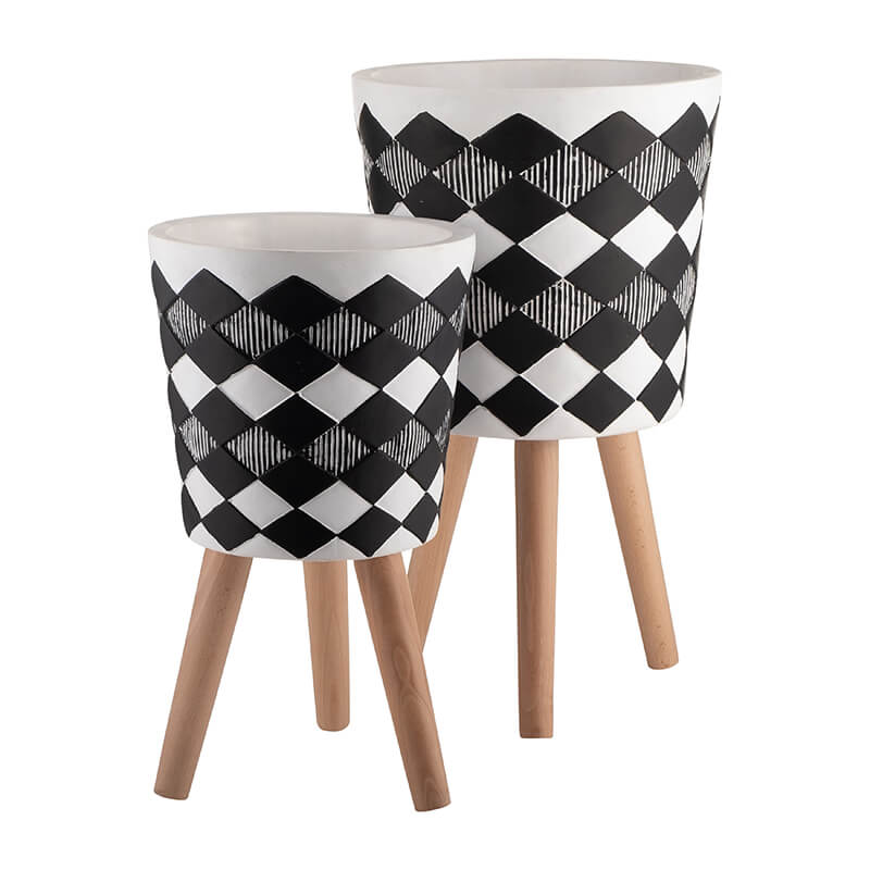 Modern Black and White Polyresin 2-Set Diamond Plant Stand with Brown Wooden Legs - 10/12"