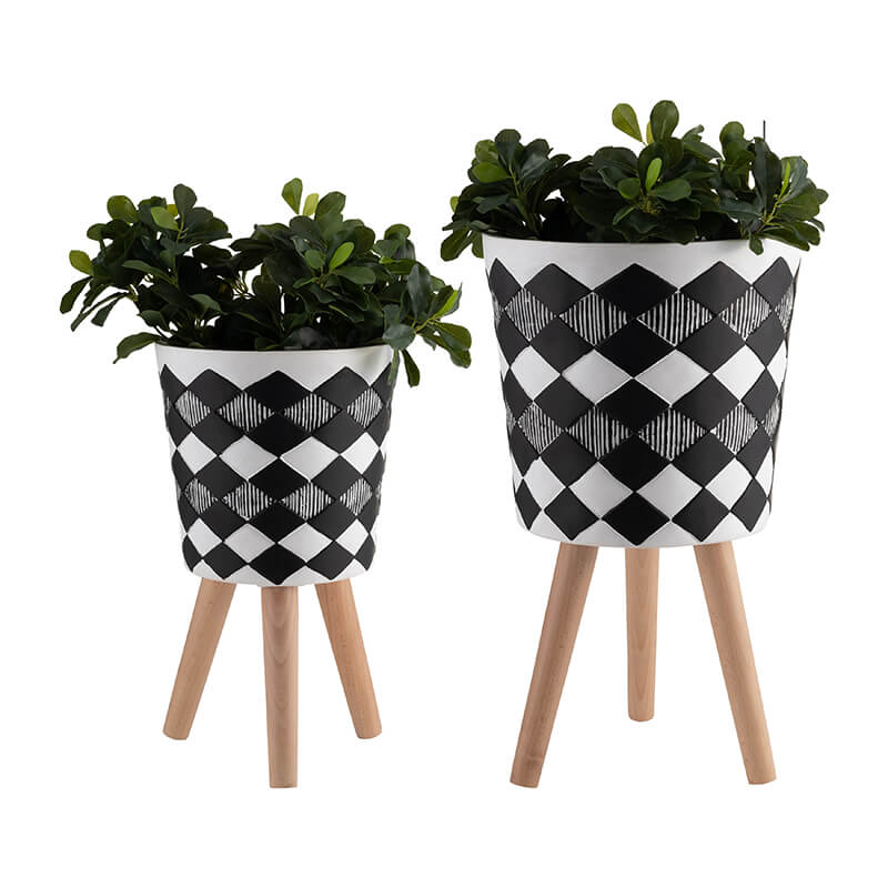 Modern Black and White Polyresin 2-Set Diamond Plant Stand with Brown Wooden Legs - 10/12"