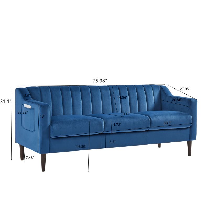 A dimension Image of our Modern Blue Chesterfield Upholstered Velvet sofa with side pockets and Wooden Legs