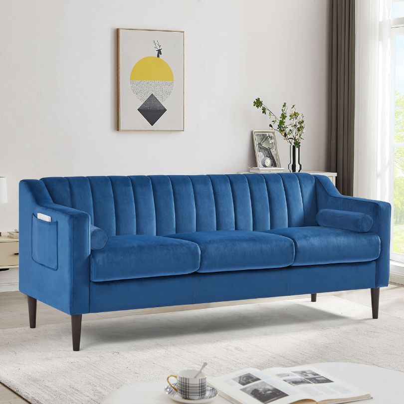 Modern Blue Chesterfield Upholstered Velvet sofa with side pockets and Wooden Legs