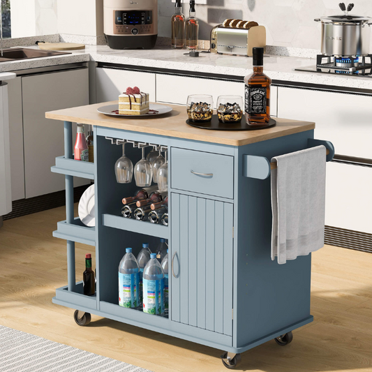 Modern Blue Kitchen Cart Cabinet with Side Storage Shelves