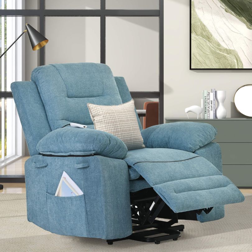 Modern Blue Linen Power Lift Recliner Chair