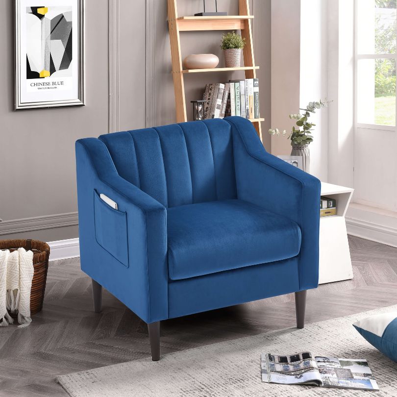 Modern Blue Tufted Barrel Club Accent Chair with Wooden Legs