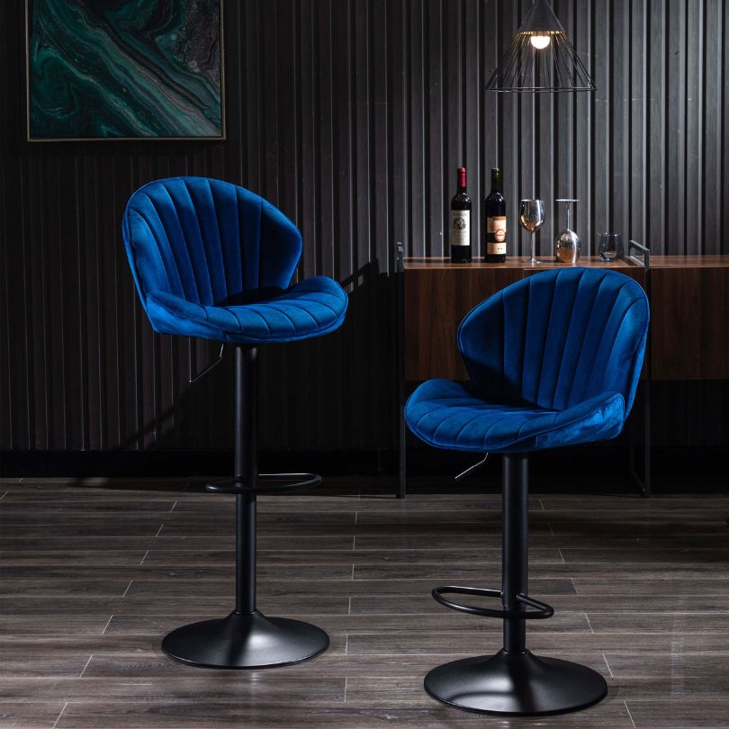 Modern Blue Velvet Bar Stools With Adjustable Base