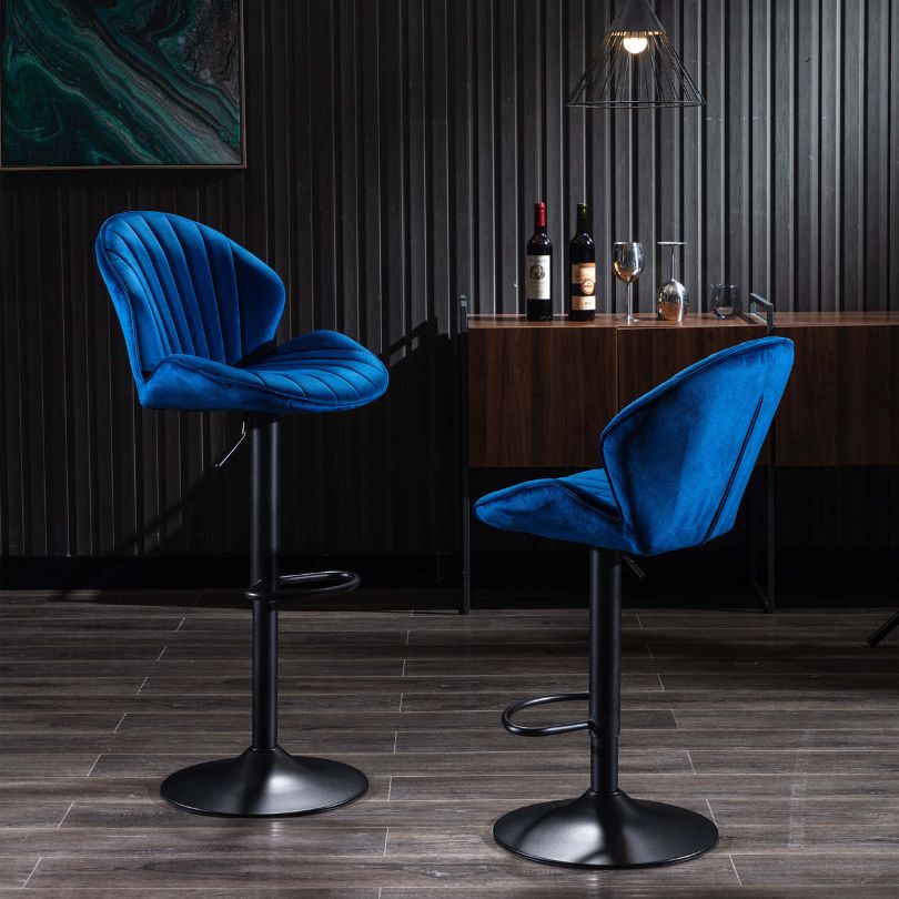 Modern Blue Velvet Bar Stools With Adjustable Base