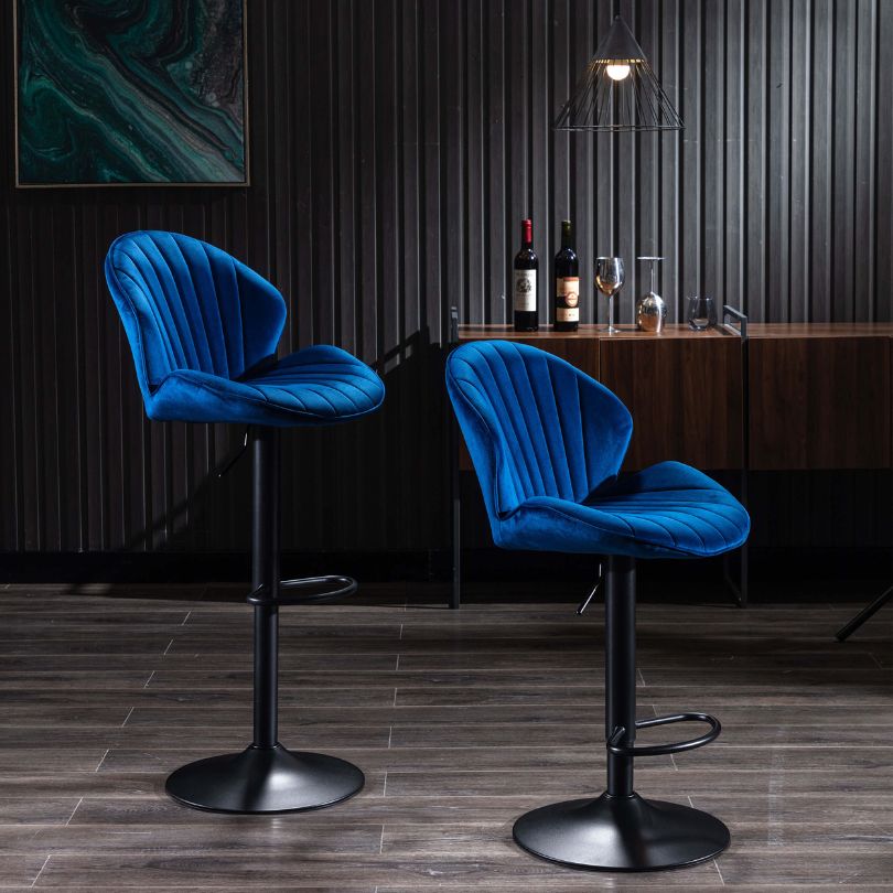 Modern Blue Velvet Bar Stools With Adjustable Base