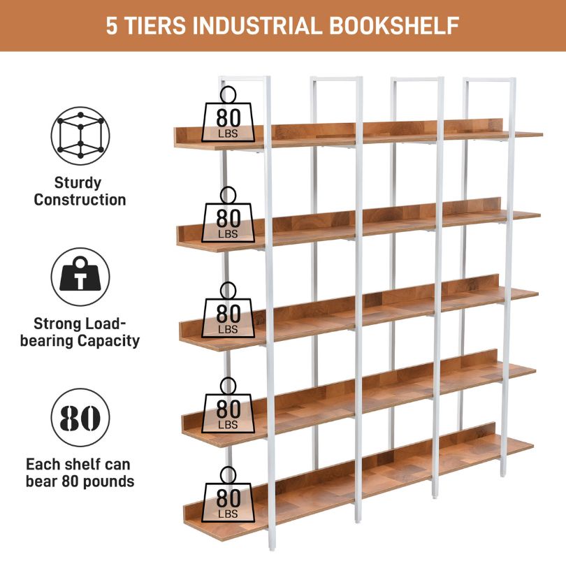 Modern Brown and White 5 Tier Open Bookshelf with Metal Frame